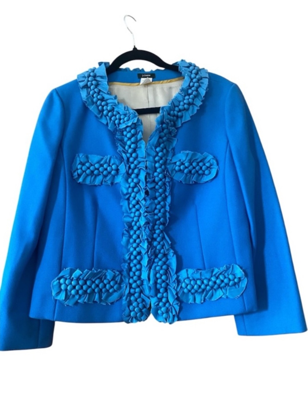 J.Crew Astrid Wool Silk Rosette Ruffle Jacket Blue Cropped Blazer Size 12